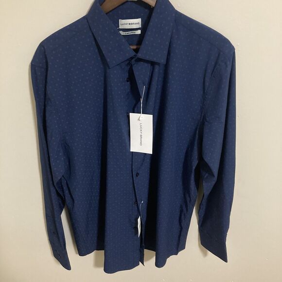 Lucky Brand Mens Button Up Shirt XL 34/35 17-17.5 Slim Fit Stretch Navy Blue - Picture 1 of 13
